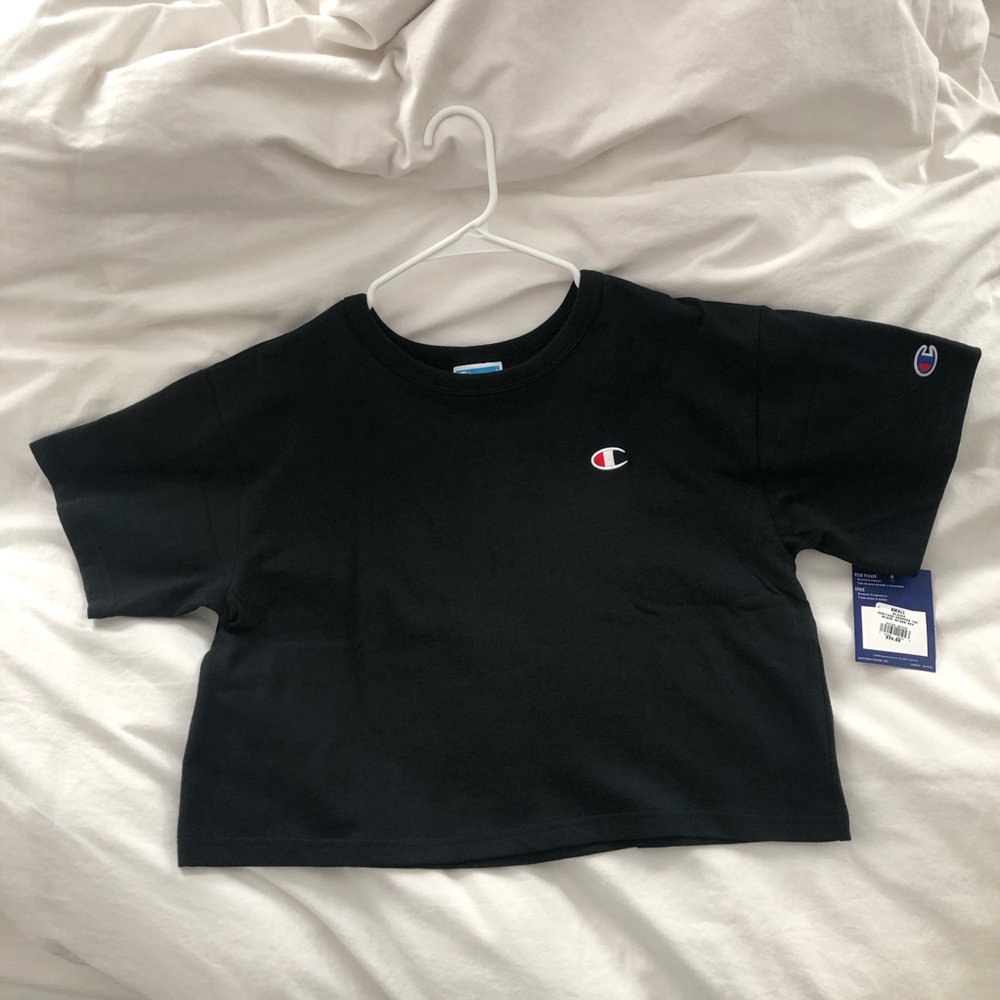 Champion Logo Embroidered Black Oversized Crop Top